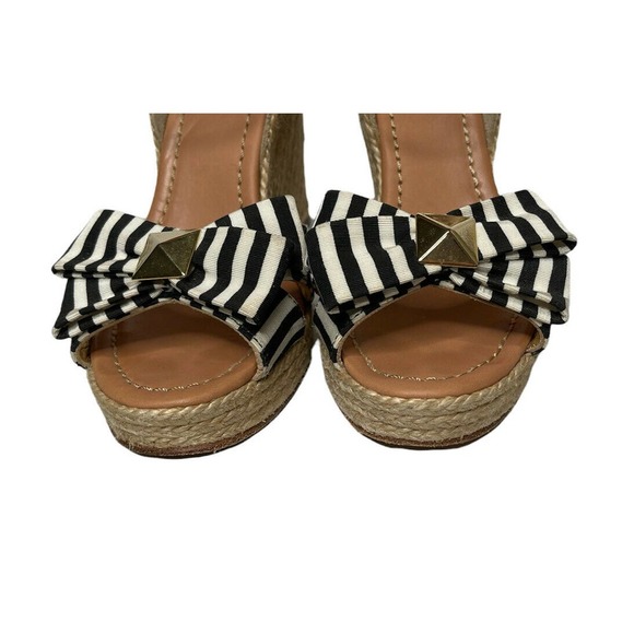 Kate Spade Carmelita Black White Stripe Bow Espadrille Nautical Wedge Sandals 7 - Picture 10 of 12